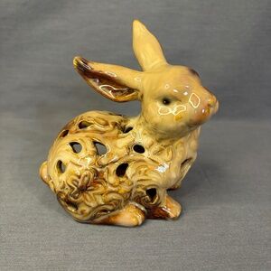 Bunny Rabbit Tea Light Candle Holder Cut Outs Floral Pattern Sitting Ceramic